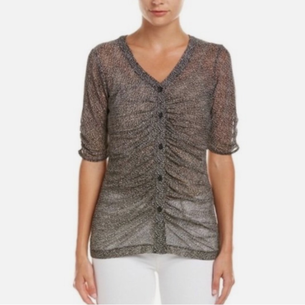 CAbi Medium Black Gray Print Ruched V Neck Short Sleeve Top 241 Button Down
